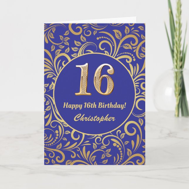 16th Birthday Navy Blue and Gold Floral Pattern Card (Front)