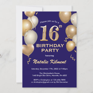 16th Birthday Navy Blue and Gold Glitter Balloons Invitation