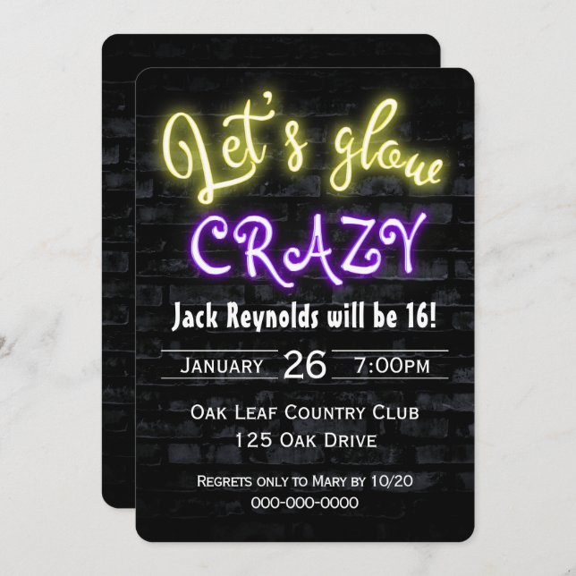 16th Birthday Neon Glow Sign on Brick Wall Invitation (Front/Back)