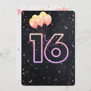 16th Birthday Neon Sign On Black Invitation