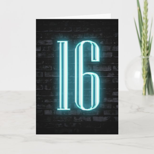 16th Birthday Neon Sign on Brick  Card (Front)
