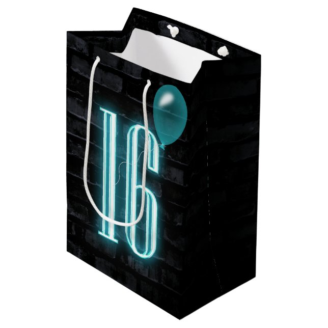 16th Birthday Neon Sign on Brick  Medium Gift Bag (Front Angled)
