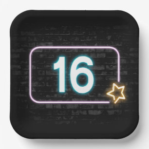 16th Birthday Neon Sign On Brick Paper Plate