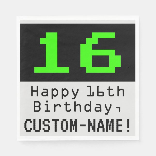 16th Birthday - Nerdy / Geeky Style "16" & Name Napkin (Front)