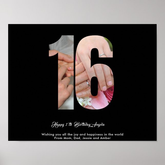 16th Birthday Number 16 Custom Photo Collage Poste Poster (Front)