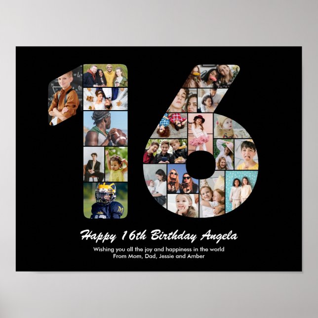 16th Birthday Number 16 Custom Photo Collage Poster (Front)