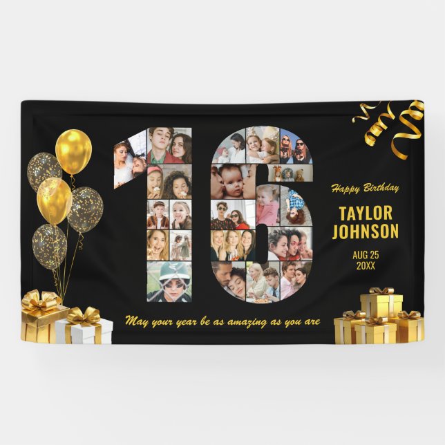 16th Birthday Number 16 Photo Collage Black Gold Banner (Horizontal)