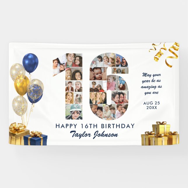 16th Birthday Number 16 Photo Collage White Gold Banner (Horizontal)