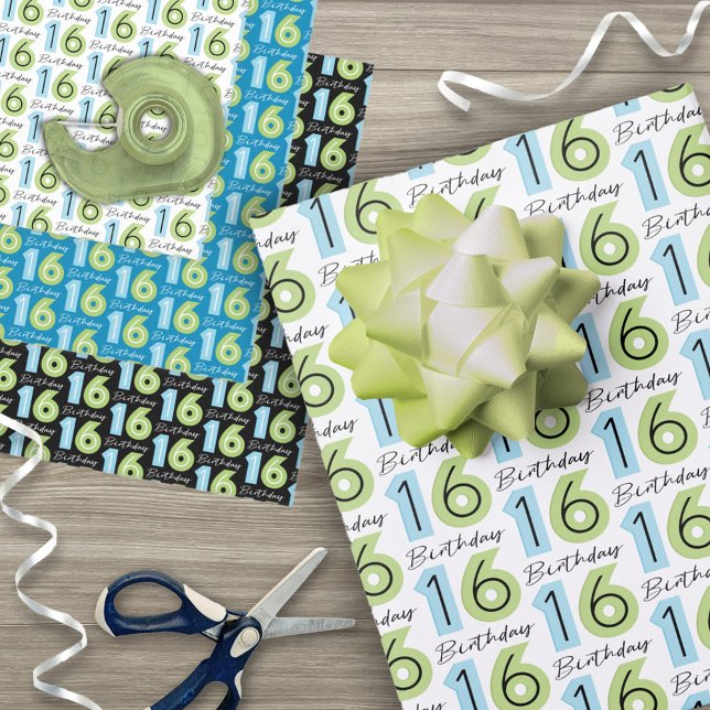 16th Birthday Numbers Green Blue Wrapping Paper Sheet (Creator Uploaded)