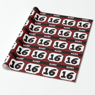16th Birthday Ornate Frame for Him RED CHECKS V12 Wrapping Paper