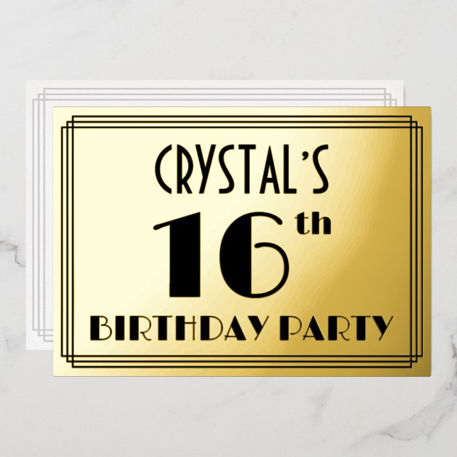 16th Birthday Party — Art Deco Look “16” + Name (Front/Back)