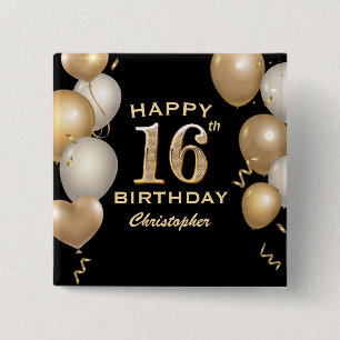 16th Birthday Party Black and Gold Balloons 15 Cm Square Badge