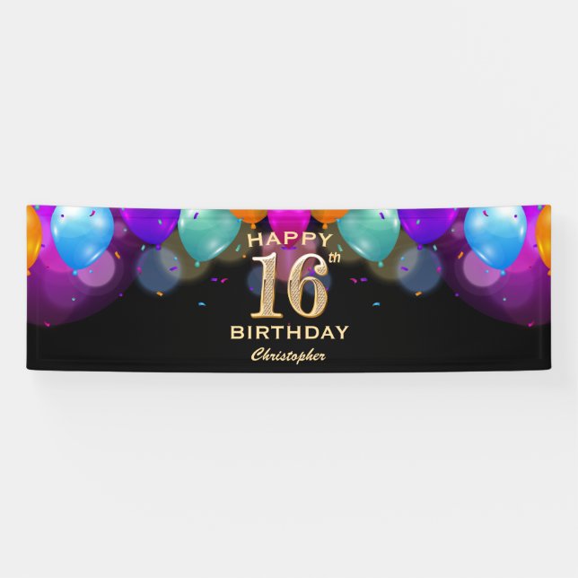 16th Birthday Party Black and Gold Balloons Banner (Horizontal)