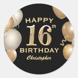 16th Birthday Party Black and Gold Balloons Classic Round Sticker