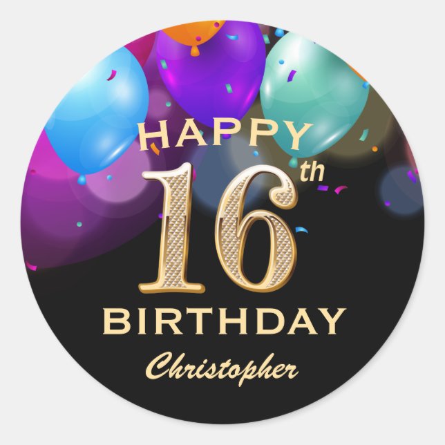 16th Birthday Party Black and Gold Balloons Classic Round Sticker (Front)