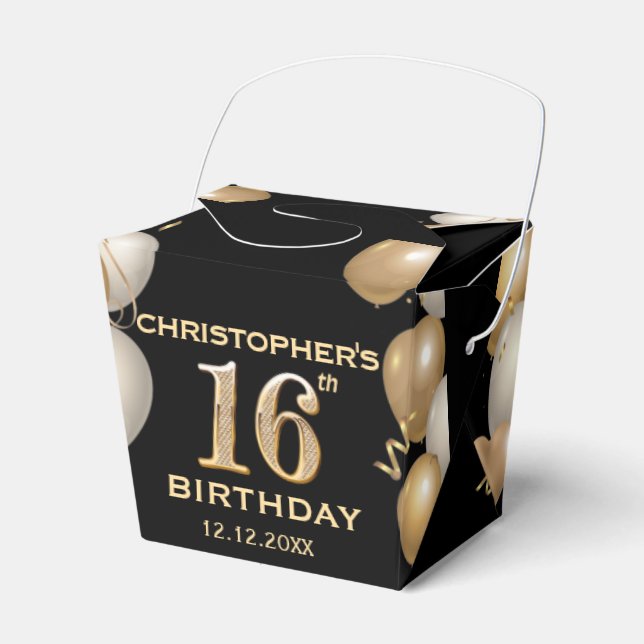 16th Birthday Party Black and Gold Balloons Favour Box (Front Side)