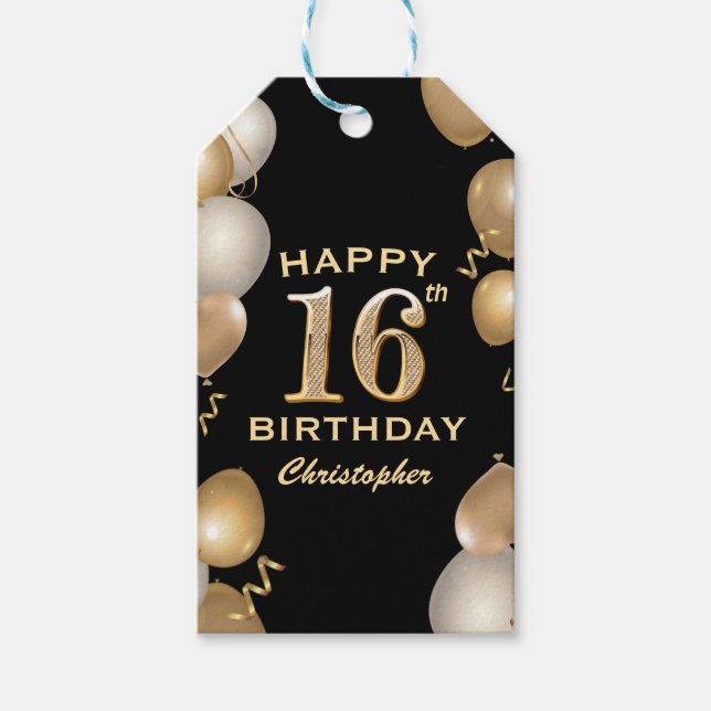 16th Birthday Party Black and Gold Balloons Gift Tags (Front)