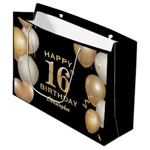 16th Birthday Party Black and Gold Balloons Large Gift Bag
