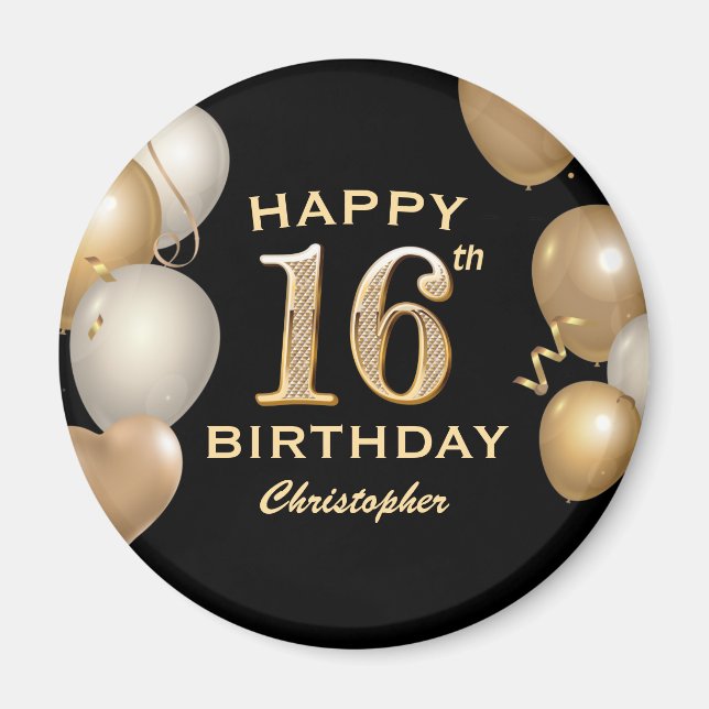 16th Birthday Party Black and Gold Balloons Magnet (Front)