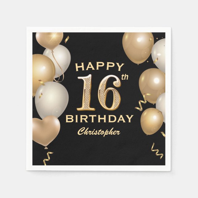 16th Birthday Party Black and Gold Balloons Napkin (Front)