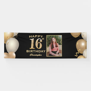 16th Birthday Party Black and Gold Balloons Photo Banner