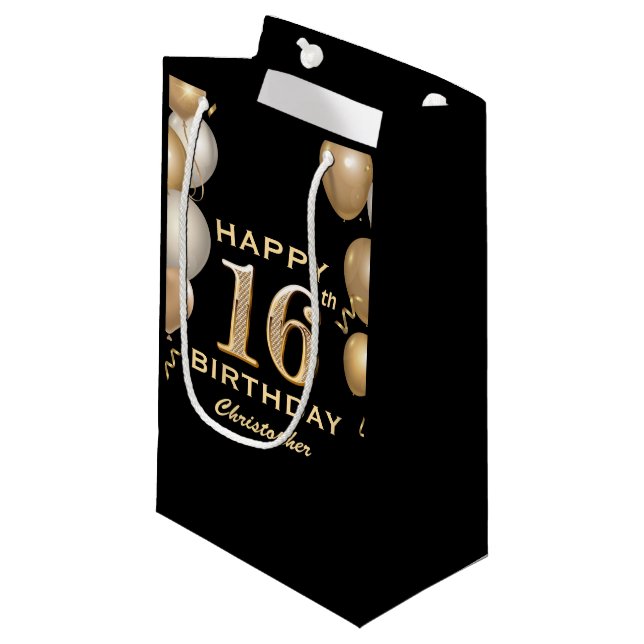 16th Birthday Party Black and Gold Balloons Small Gift Bag (Front Angled)