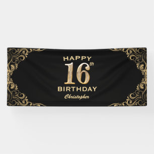 16th Birthday Party Black and Gold Glitter Frame Banner