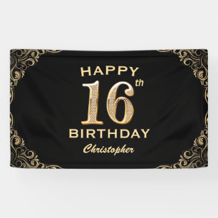 16th Birthday Party Black and Gold Glitter Frame Banner