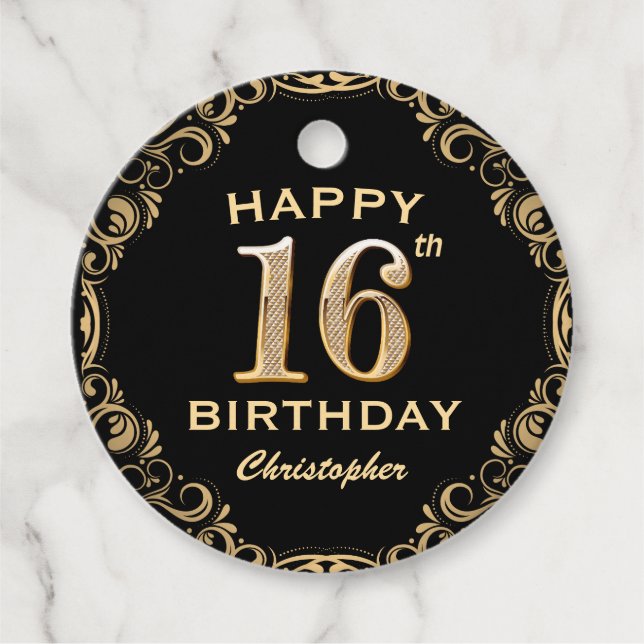 16th Birthday Party Black and Gold Glitter Frame Favour Tags (Front)