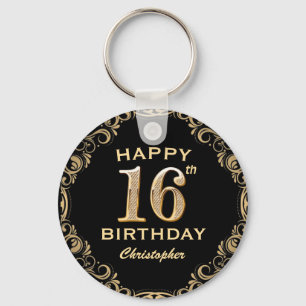 16th Birthday Party Black and Gold Glitter Frame Key Ring