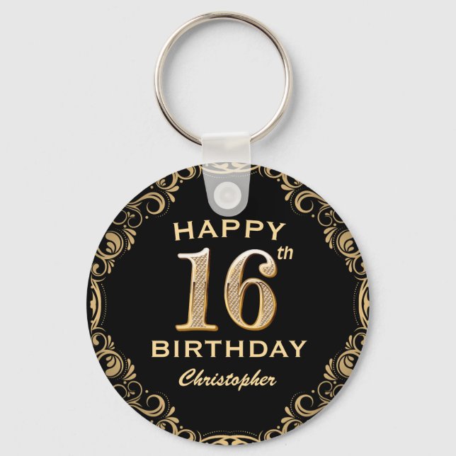 16th Birthday Party Black and Gold Glitter Frame Key Ring (Front)