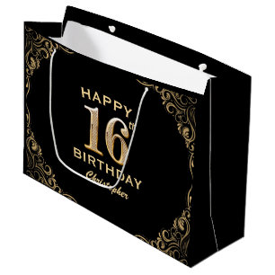 16th Birthday Party Black and Gold Glitter Frame Large Gift Bag