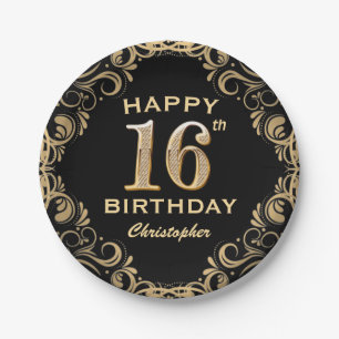 16th Birthday Party Black and Gold Glitter Frame Paper Plate