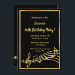 16th birthday party black and gold music notes invitation<br><div class="desc">Let's party and dance! A trendy,  modern 16th birthday party invitation card for both men and women.  A classic black background,  with faux gold  frame and music notes,  golden coloured letters. Templates for your party information.  Back: Black colour faux gold music notes.</div>