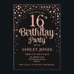16th Birthday Party - Black & Rose Gold Invitation<br><div class="desc">16th Birthday Party Invitation.
Elegant design in black and faux glitter rose gold. Features stylish script font and confetti. Message me if you need custom age.</div>