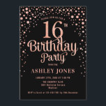 16th Birthday Party - Black & Rose Gold Invitation<br><div class="desc">16th Birthday Party Invitation.
Elegant design in black and faux glitter rose gold. Features stylish script font and confetti. Message me if you need custom age.</div>