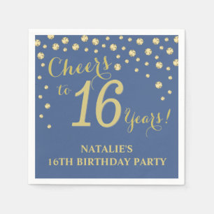 16th Birthday Party Blue and Gold Diamond Napkins