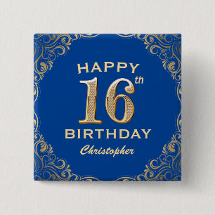 16th Birthday Party Blue and Gold Glitter Frame 15 Cm Square Badge
