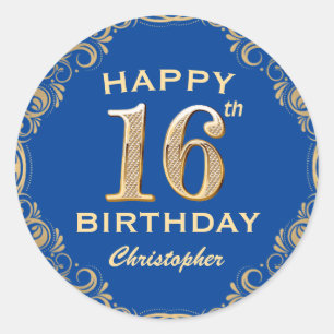 16th Birthday Party Blue and Gold Glitter Frame Classic Round Sticker