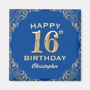16th Birthday Party Blue and Gold Glitter Frame Magnet