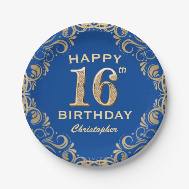 16th Birthday Party Blue and Gold Glitter Frame Paper Plate (Front)