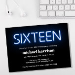 16th Birthday Party Blue Neon Lights Invitation<br><div class="desc">Cool modern 16th birthday party invitation with "sixteen" in blue glowing neon lights against a black background.</div>