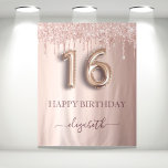 16th birthday party blush pink rose gold glitter tapestry<br><div class="desc">A tapestry for a girly and glamourous Sweet 16, 16th birthday party. A rose gold, pink gradient background with elegant rose gold coloured faux glitter drips, paint dripping look. With the text: Happy Birthday. Personalise and add a name. The name is written in dark rose gold with a modern hand...</div>