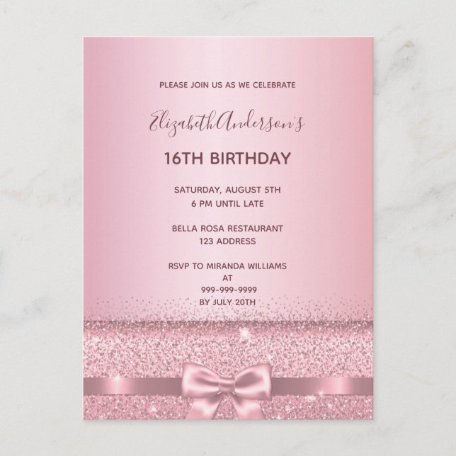 16th birthday party blush pink sparkle invitation postcard (Front)