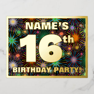 16th Birthday Party: Bold, Colourful Fireworks Loo Foil Invitation Postcard