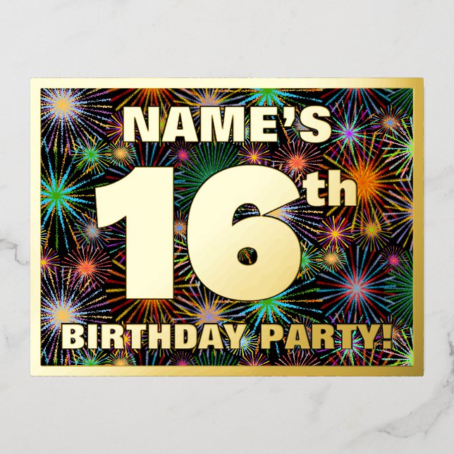 16th Birthday Party: Bold, Colourful Fireworks Loo Foil Invitation Postcard (Front)