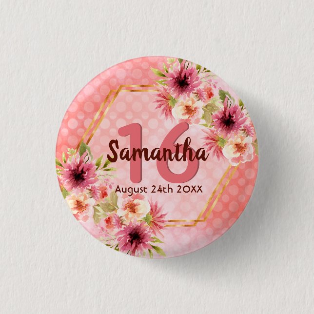 16th birthday party coral gold dahlia flowers 3 cm round badge (Front)