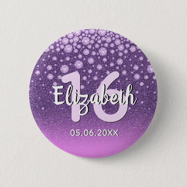 16th birthday party diamonds glitter purple pink 6 cm round badge (Front)
