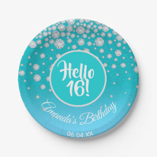 16th birthday party diamonds teal blue glitter paper plate