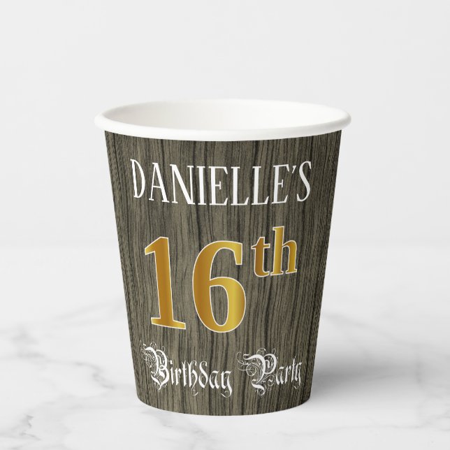 16th Birthday Party — Faux Gold & Faux Wood Looks Paper Cups (Front)